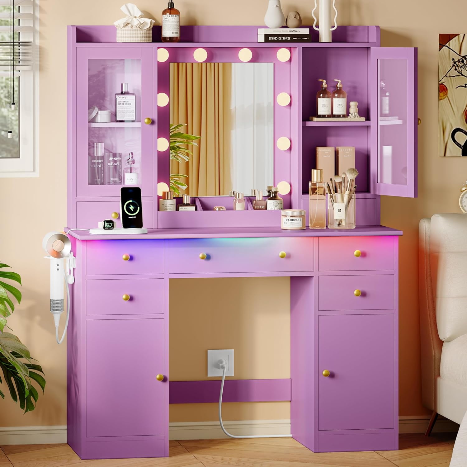 FANRAL 43.7" Vanity Desk with 10 Mirror Lights & Under-Table RGB,Charging Station & Hair Dryer Holder,Multi-Storage Dressing Table for Bedroom Bathroom,Purple Vanity