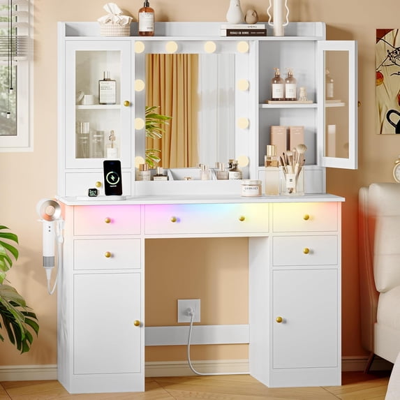 FANRAL 43.7" Vanity Desk with 10 Mirror Lights & Under-Table RGB,Charging Station & Hair Dryer Holder,Multi-Storage Dressing Table for Bedroom Bathroom,White Vanity