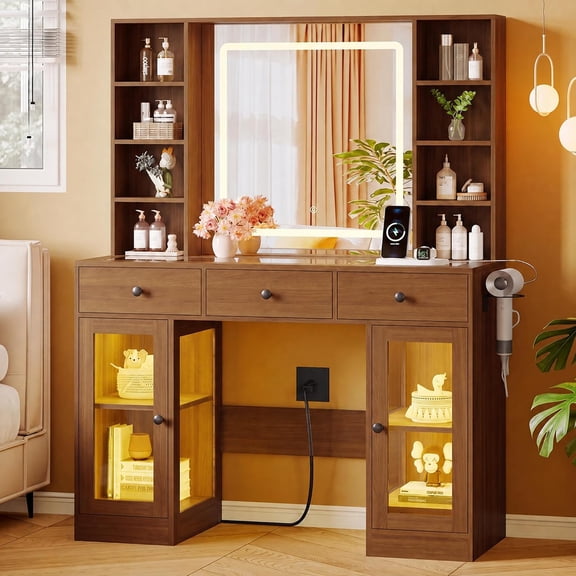 FANRAL Makeup Vanity with Mirror and Lights,Glass Top Vanity Desk with RGB Cabinets,43.5" Large Dressing Table for Women Bedroom,Walnut Vanity