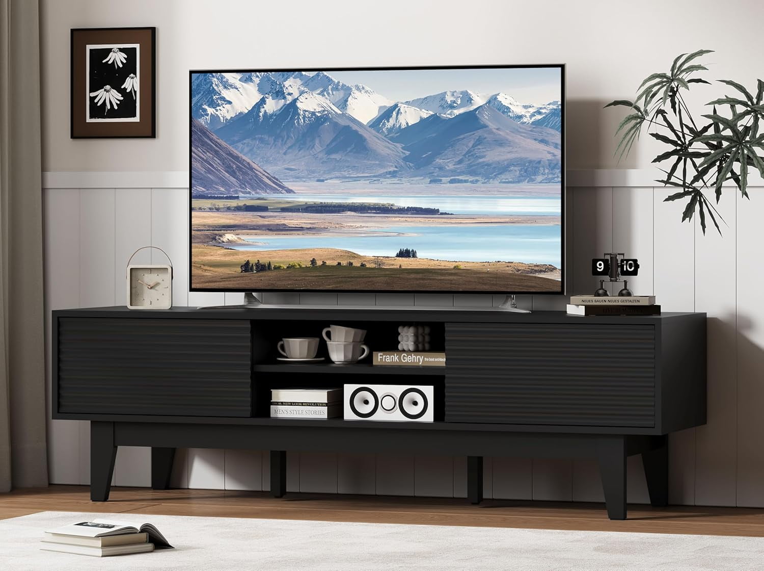 FANRAL Mid-Century Fluted TV Stand for 65 Inch TV,Modern Entertainment Center with Sliding Doors,Media Console with Adjustable Shelves & Cable Holes for Living Room,Black TV Stand