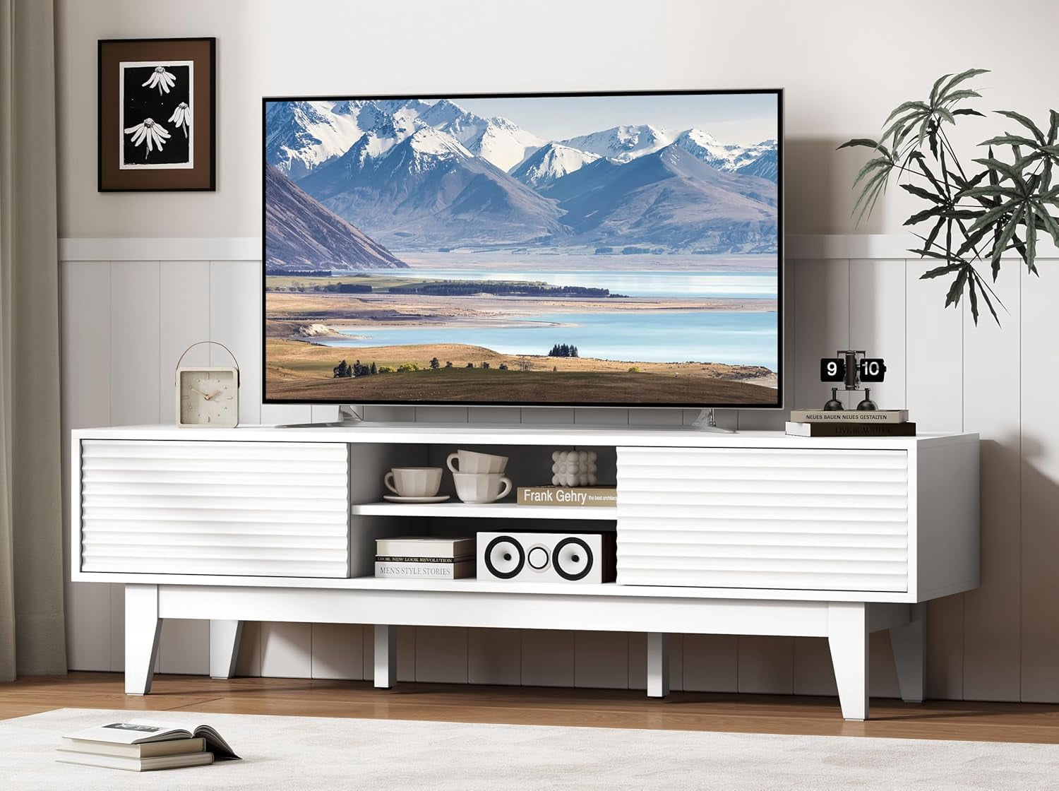 FANRAL Mid-Century Fluted TV Stand for 65 Inch TV,Modern Entertainment Center with Sliding Doors,Media Console with Adjustable Shelves & Cable Holes for Living Room,White TV Stand