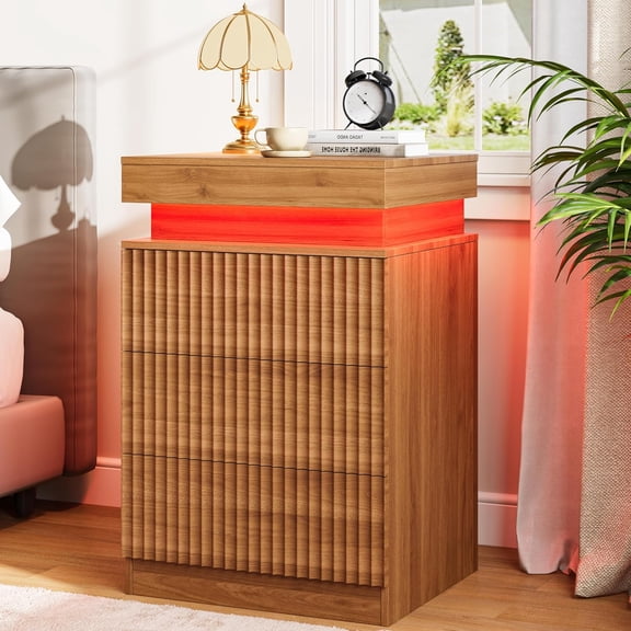 FANRAL Modern Fluted Nightstand with Charging Station & RGB LED,3 Drawer Bedside Table & End Table with Sliding Top Hidden Storage,Walnut Night Stand