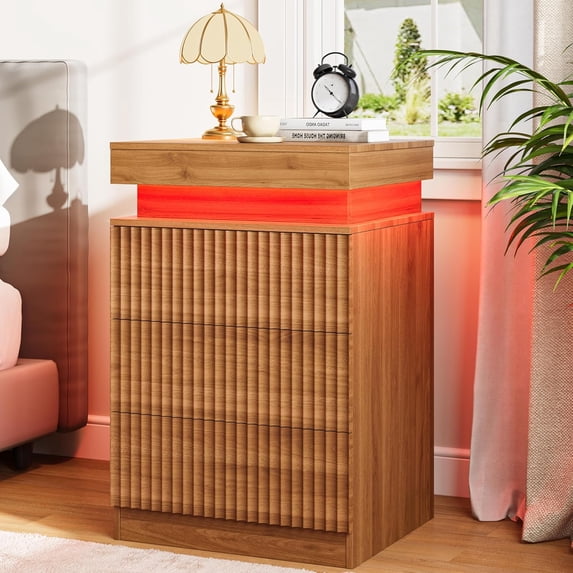 FANRAL Modern Fluted Nightstand with Charging Station & RGB LED,3 Drawer Bedside Table & End Table with Sliding Top Hidden Storage,Walnut Night Stand