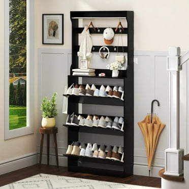 FANRAL Shoe Storage Cabinet,Wood Shoe Rack Organizer,Freestanding Narrow Shoe Cabinet for Entryway Hallway,Black