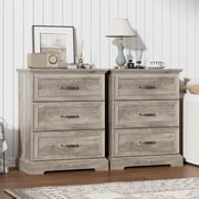FANRAL Nightstand Set of 2,3 Drawer Farmhouse Nightstands,Wooden Bedside Table Pair with Anti-Tip Safety,Storage End Tables for Bedroom,Gray Night Stand