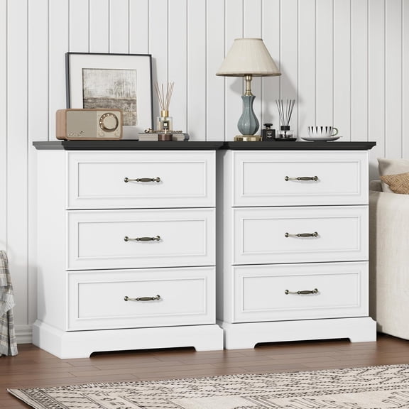 FANRAL Nightstand Set of 2,3 Drawer Farmhouse Nightstands,Wooden Bedside Table Pair with Anti-Tip Safety,Storage End Tables for Bedroom,White Night Stand