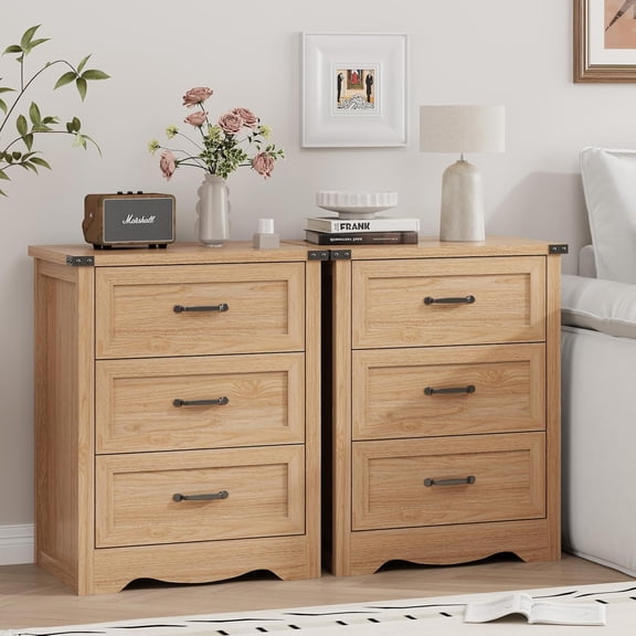 FANRAL Nightstand Set of 2,3 Drawer Farmhouse Nightstands,Wooden Bedside Table Set,Sturdy Storage End Tables for Bedroom Living Room,Natural Oak Night Stand