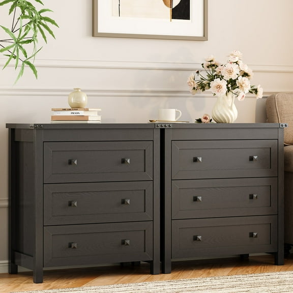 FANRAL Nightstand Set of 2,3 Large Drawer,29.5" Tall Night Stand,27.5" Wide Side Table,Wood Bedside Table Modern End Table,Small Wide Dresser for Bedroom,Black Nightstand