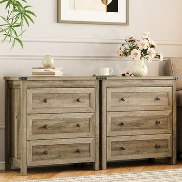 FANRAL Nightstand Set of 2,3 Large Drawer,29.5" Tall Night Stand,27.5" Wide Side Table,Wood Bedside Table Modern End Table,Small Wide Dresser for Bedroom,Gray Nightstand