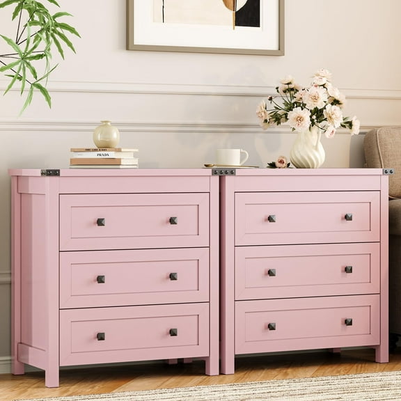 FANRAL Nightstand Set of 2,3 Large Drawer,29.5" Tall Night Stand,27.5" Wide Side Table,Wood Bedside Table Modern End Table,Small Wide Dresser for Bedroom,Pink Nightstand