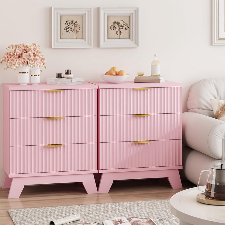 pink dresser and nightstand set Fanral Nightstand Set of 2,3 Large Drawer 30 inch Tall Night Stand,24 inch Wide Side Table,Wood Fluted Bedside Table Modern End Table Small Dresser