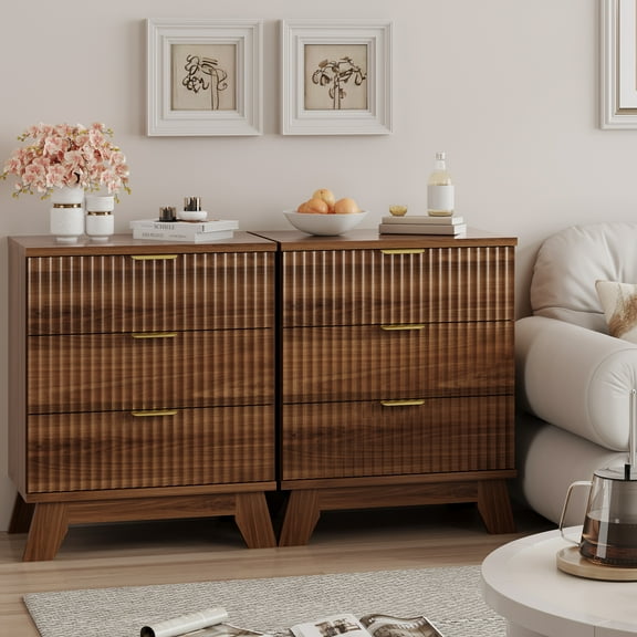 FANRAL Nightstand Set of 2,3 Large Drawer 30" Tall Night Stand,24" Wide Side Table,Wood Fluted Bedside Table Modern End Table Small Dresser for Bedroom,Walnut Nightstand
