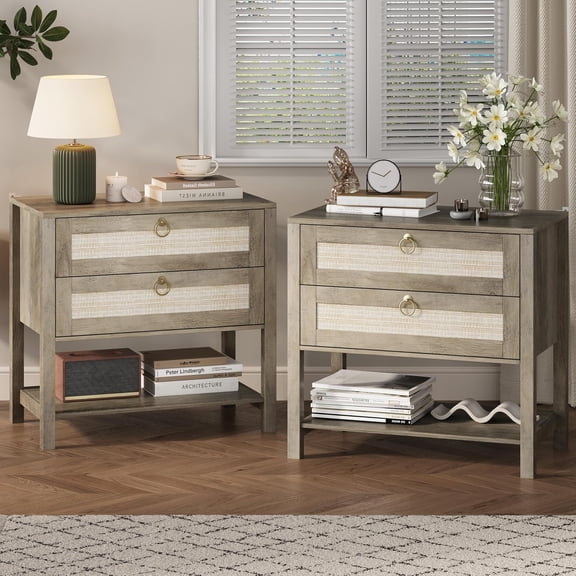 FANRAL Nightstand Set of 2,Boho Chic 2 Drawer Nightstands with Rattan Accents,Stylish Storage Bedside Table Pair with Shelf & Gold Handles,Gray Night Stand