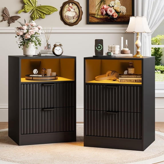 FANRAL Nightstand Set of 2,LED Nightstands with Charging Station,Fluted Design Bedside Table with RGB LED Lighting,Mid Century Modern Small Dresser with Storagee,Black Night Stand
