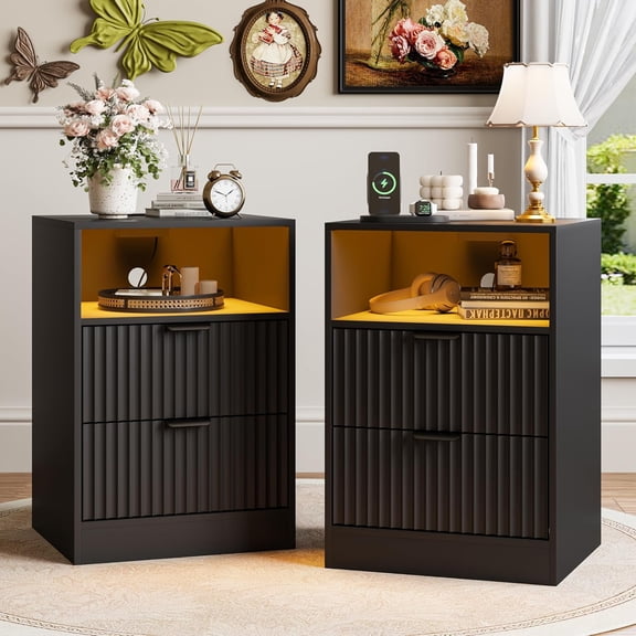 FANRAL Nightstand Set of 2,LED Nightstands with Charging Station,Fluted Design Bedside Table with RGB LED Lighting,Mid Century Modern Small Dresser with Storagee,Black Night Stand