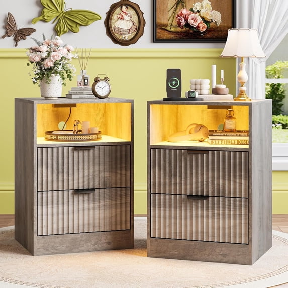 FANRAL Nightstand Set of 2,LED Nightstands with Charging Station,Fluted Design Bedside Table with RGB LED Lighting,Mid Century Modern Small Dresser with Storagee,Gray Night Stand