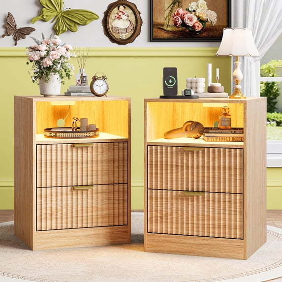 FANRAL Nightstand Set of 2,LED Nightstands with Charging Station,Fluted Design Bedside Table with RGB LED Lighting,Mid Century Modern Small Dresser with Storagee,Natural Oak Night Stand