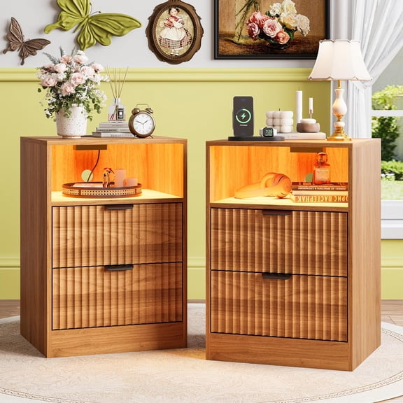 FANRAL Nightstand Set of 2,LED Nightstands with Charging Station,Fluted Design Bedside Table with RGB LED Lighting,Mid Century Modern Small Nightstand with Storage,Walnut Night Stand