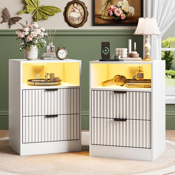 FANRAL Nightstand Set of 2,LED Nightstands with Charging Station,Fluted Design Bedside Table with RGB LED Lighting,Mid Century Modern Small Nightstand with Storage,White Night Stand