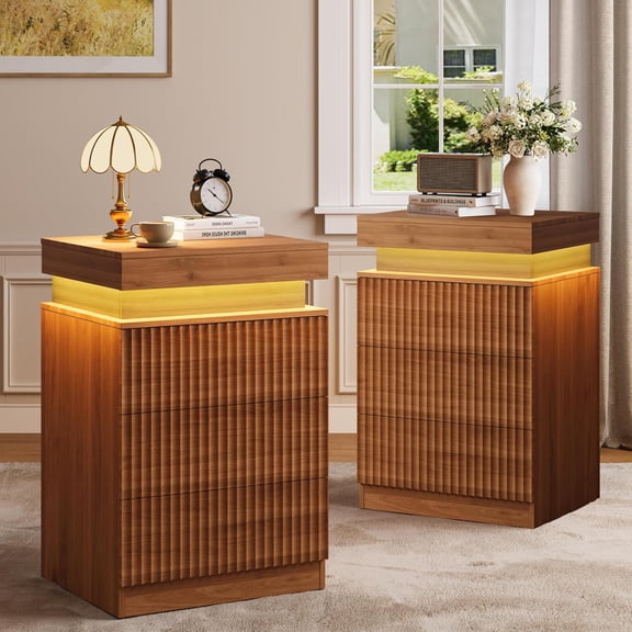 FANRAL Nightstand Set of 2,Modern Fluted Nightstand with Charging Station & RGB LED,3 Drawer Bedside Table & End Table with Sliding Top Hidden Storage,Walnut Night Stand