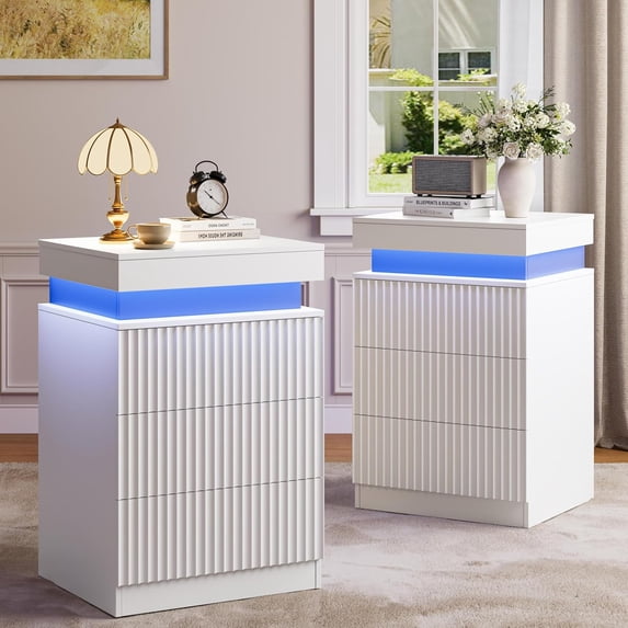 FANRAL Nightstand Set of 2,Modern Fluted Nightstand with Charging Station & RGB LED,3 Drawer Bedside Table & End Table with Sliding Top Hidden Storage,White Night Stand