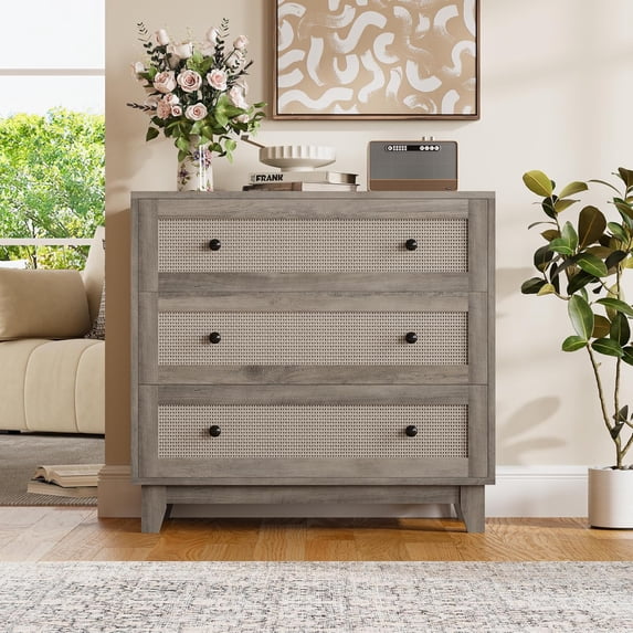 FANRAL Rattan Large Nightstand,27.6"H Wood Tall Night Stand,Wide Modern 3 Drawers,Boho Bedside Table Narrow Side Table for Bedroom Living Room,Gray Night Stand