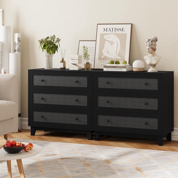 FANRAL Rattan Large Nightstand Set of 2,27.6"H Wood Tall Night Stand,Wide Modern 3 Drawers,Boho Bedside Table Narrow Side Table for Bedroom Living Room,Black Night Stand