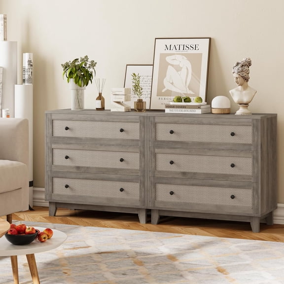 FANRAL Rattan Large Nightstand Set of 2,27.6"H Wood Tall Night Stand,Wide Modern 3 Drawers,Boho Bedside Table Narrow Side Table for Bedroom Living Room,Gray Night Stand