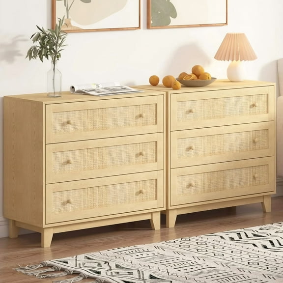 FANRAL Rattan Large Nightstand Set of 2,27.6"H Wood Tall Night Stand,Wide Modern 3 Drawers,Boho Bedside Table Narrow Side Table for Bedroom Living Room,Natural Oak