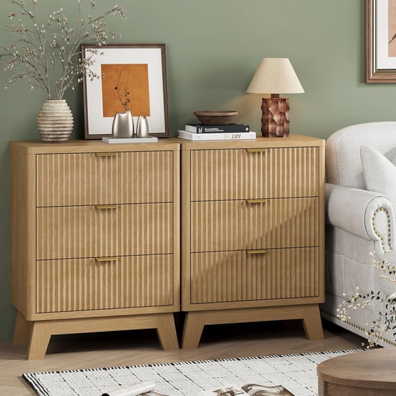 FANRAL Set of 2 Fluted 3 Drawer Nightstands,Modern Bedside Tables with Anti-Tip Safety Design,Wood End Tables for Bedroom Living Room,Natural Oak Night Stand