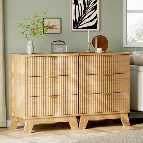 FANRAL Set of 2 Fluted Nightstands with Charging Station,Modern Bedside Tables with Drawers,Wood End Tables for Bedroom Living Room,Natural Oak Night Stand