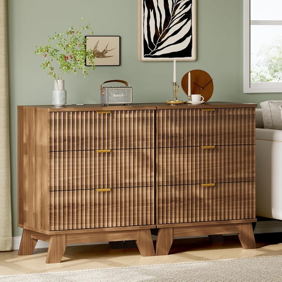 FANRAL Set of 2 Fluted Nightstands with Charging Station,Modern Bedside Tables with Drawers,Wood End Tables for Bedroom Living Room,Walnut Night Stand
