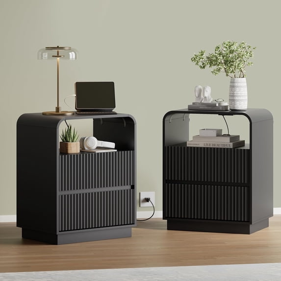 FANRAL Set of 2 Modern 2 Drawer Nightstands with Charging Station,Wooden Bedside Table End Table with Curved Silhouette & Metal Handles,Black Night Stand