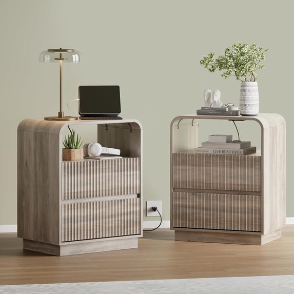 FANRAL Set of 2 Modern 2 Drawer Nightstands with Charging Station,Wooden Bedside Table End Table with Curved Silhouette & Metal Handles,Gray Night Stand
