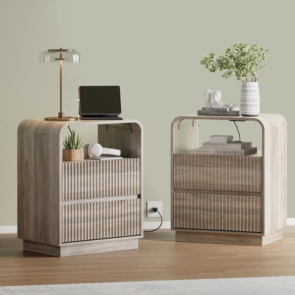 FANRAL Set of 2 Modern 2 Drawer Nightstands with Charging Station,Wooden Bedside Table End Table with Curved Silhouette & Metal Handles,Gray Night Stand
