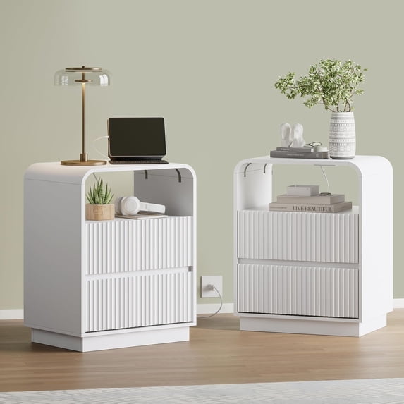 FANRAL Set of 2 Modern 2 Drawer Nightstands with Charging Station,Wooden Bedside Table End Table with Curved Silhouette & Metal Handles,White Night Stand