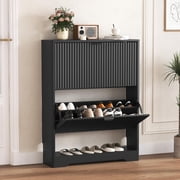 FANRAL Shoe Cabinet with 2 Flip Drawers & Open Storage,Fluted Shoe Storage Cabinet Rack Organizer with Adjustable Shelves for Entryway,Closet,Hallway,Black