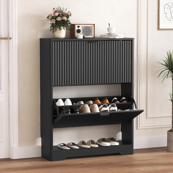 FANRAL Shoe Cabinet with 2 Flip Drawers & Open Storage,Fluted Shoe Storage Cabinet Rack Organizer with Adjustable Shelves for Entryway,Closet,Hallway,Black