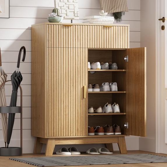 FANRAL Shoe Cabinet with Doors and Drawers,4-Tier Modern Shoe Storage Cabinet,Slim Wood Shoe Rack for Entryway,Natural Oak Shoe Organizer for Entryway