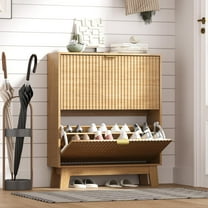 FANRAL Shoe Cabinet Entryway with 2 Flip Drawers,Narrow Shoe Storage Hidden Shoe Rack,Fluted Wood Shoe Organizer,Natural Oak Shoe Cabinet