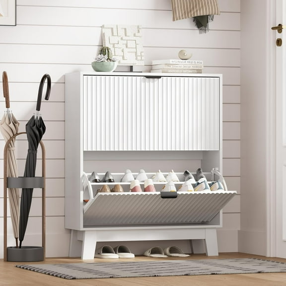 FANRAL Shoe Cabinet Entryway with 2 Flip Drawers,Narrow Shoe Storage Hidden Shoe Rack,Fluted Wood Shoe Organizer,White Shoe Cabinet