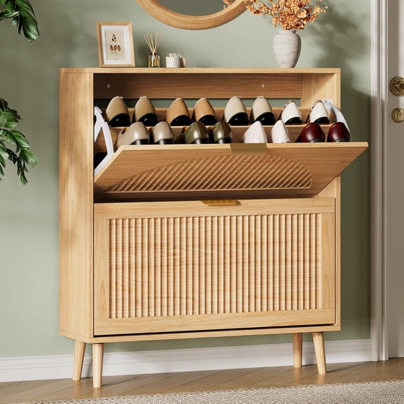 FANRAL Shoe Cabinet,Wood Shoe Rack with 2 Flip Drawers,Adjustable Shelves Narrow Shoe Storage Shoe Organizer for Entryway,Natural Oak