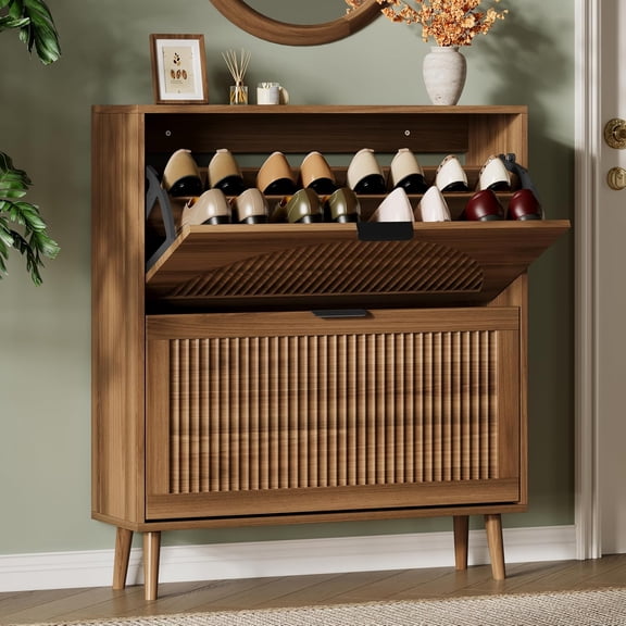FANRAL Shoe Cabinet,Wood Shoe Rack with 2 Flip Drawers,Adjustable Shelves Narrow Shoe Storage Shoe Organizer for Entryway,Walnut