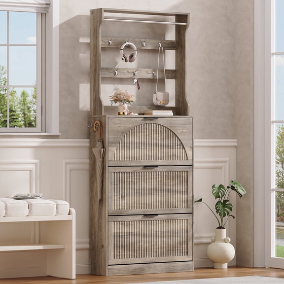 FANRAL Arched Wave‑Fluted Tall Shoe Cabinet,2 in 1 Shoe Rack with Coat Rack,Slim Shoe Storage Cabinet for Entryway,Gray