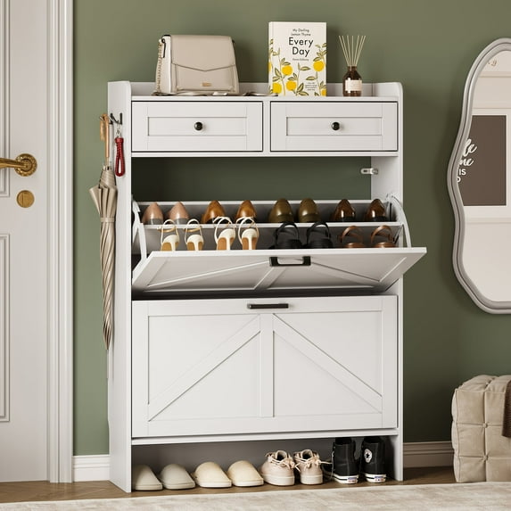 FANRAL Shoe Cabinet with 2 Flip Drawer & 2 Storage Drawer,Farmhouse Narrow Shoe Rack with Adjustable Shelve & Hook for Entryway,Hallway,White