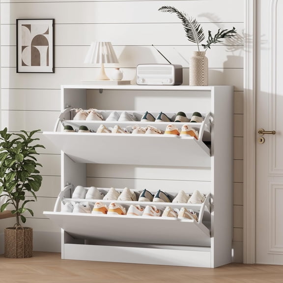 FANRAL Shoe Cabinet with 2 Flip Drawers,Narrow Shoe Storage Cabinet,Wood Shoe Rack Organizer,Shoe Cabinet for Entryway Hallway,Closet,Dorm,White