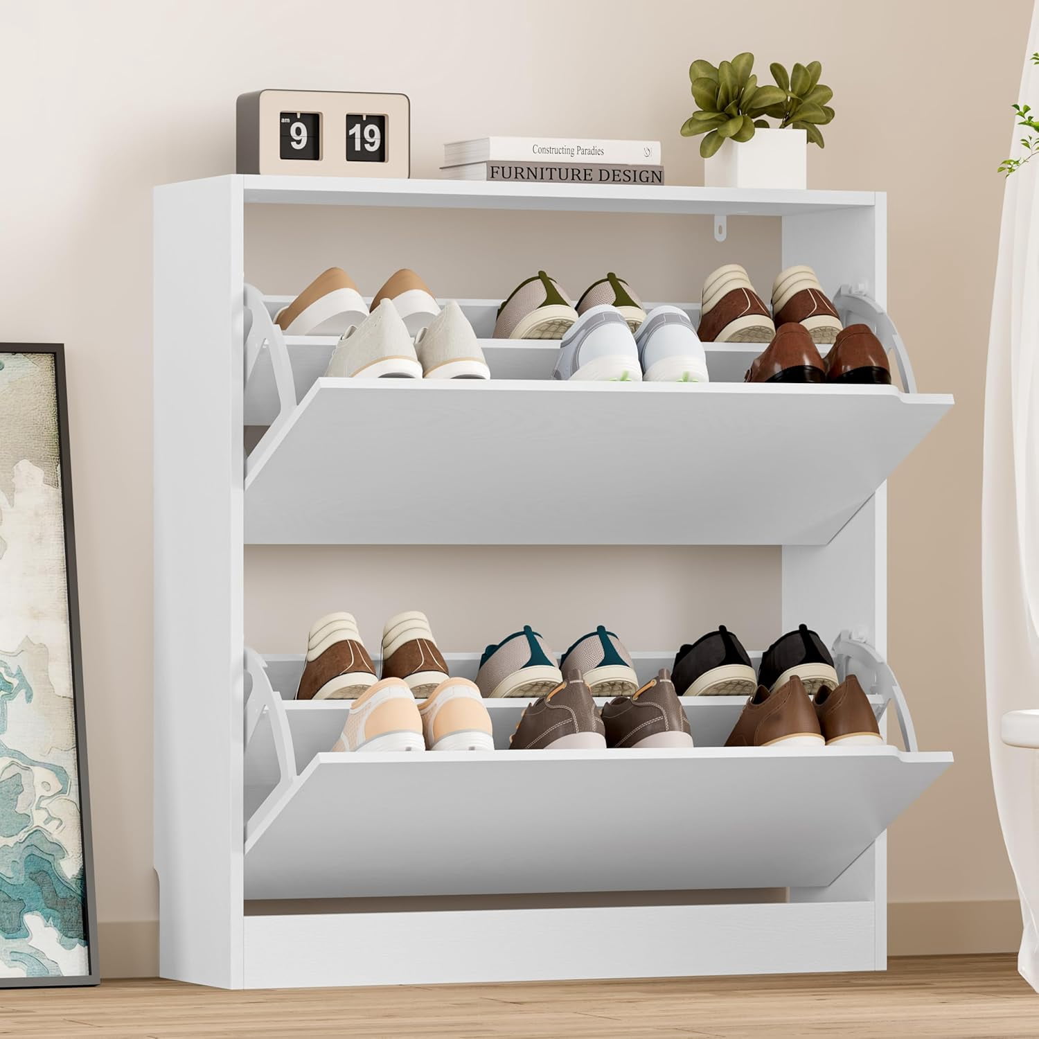 FANRAL Shoe Cabinet with 2 Flip Drawers Narrow Storage Cabinet Organizer for Entryway,White Shoe Rack