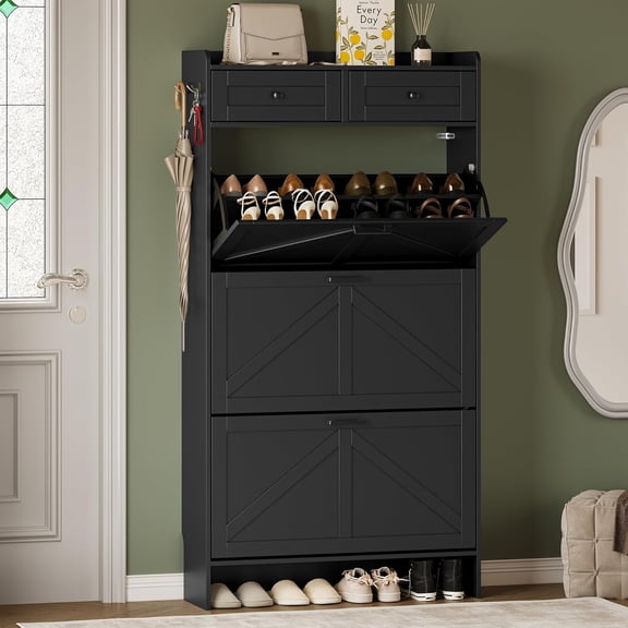 FANRAL Shoe Cabinet with 3 Flip Drawer & 2 Storage Drawer,Farmhouse Narrow Shoe Rack with Adjustable Shelve & Hook for Entryway,Hallway,Black