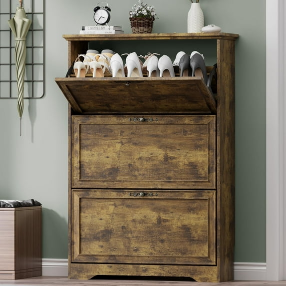 FANRAL Shoe Cabinet with 3 Flip Drawers,Adjustable Shelves Wooden Slim Shoe Storage Cabinet and Rack for Entryway,Brown