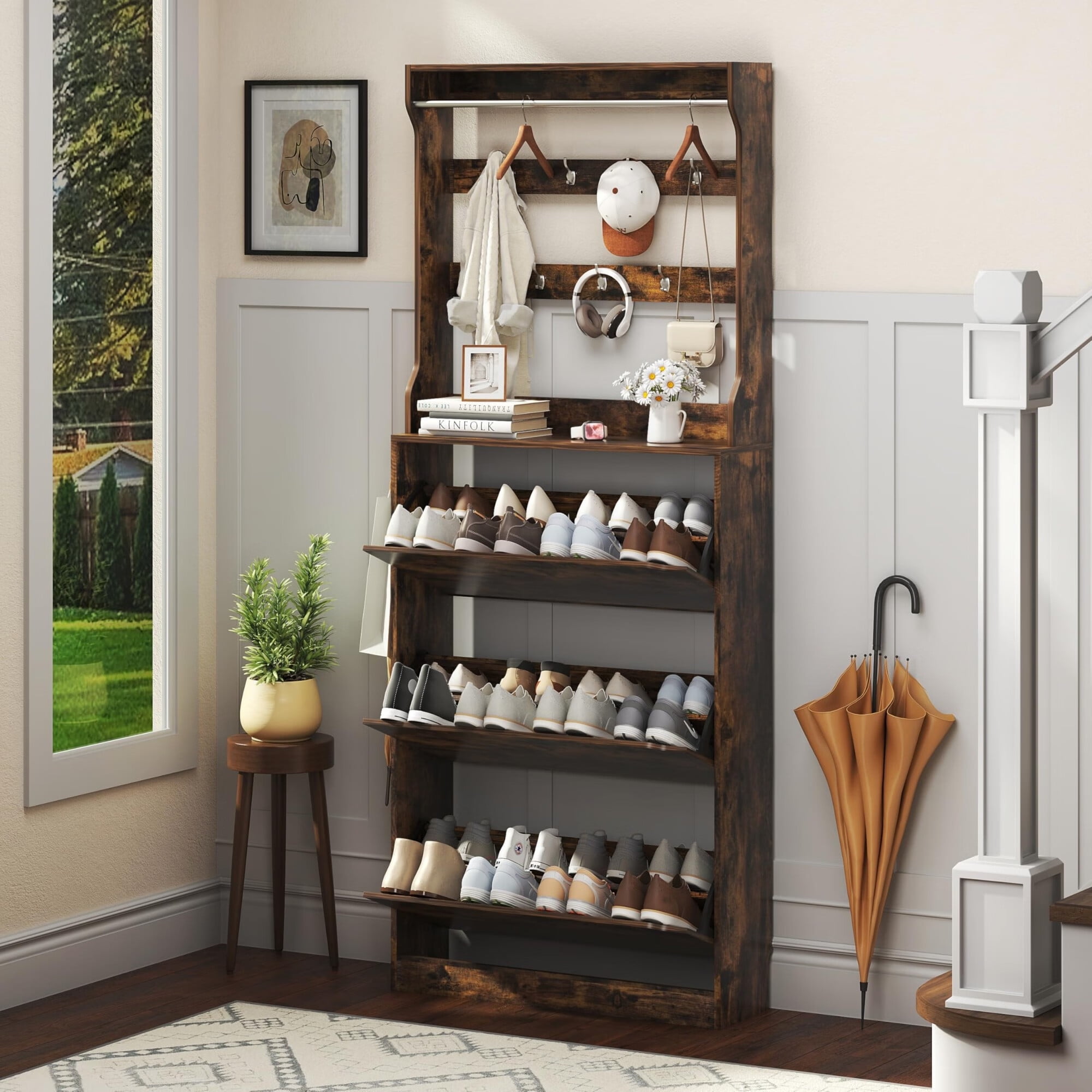 FANRAL Shoe Cabinet with 3 Flip Drawers & Coat Rack,Narrow Hidden Shoe ...